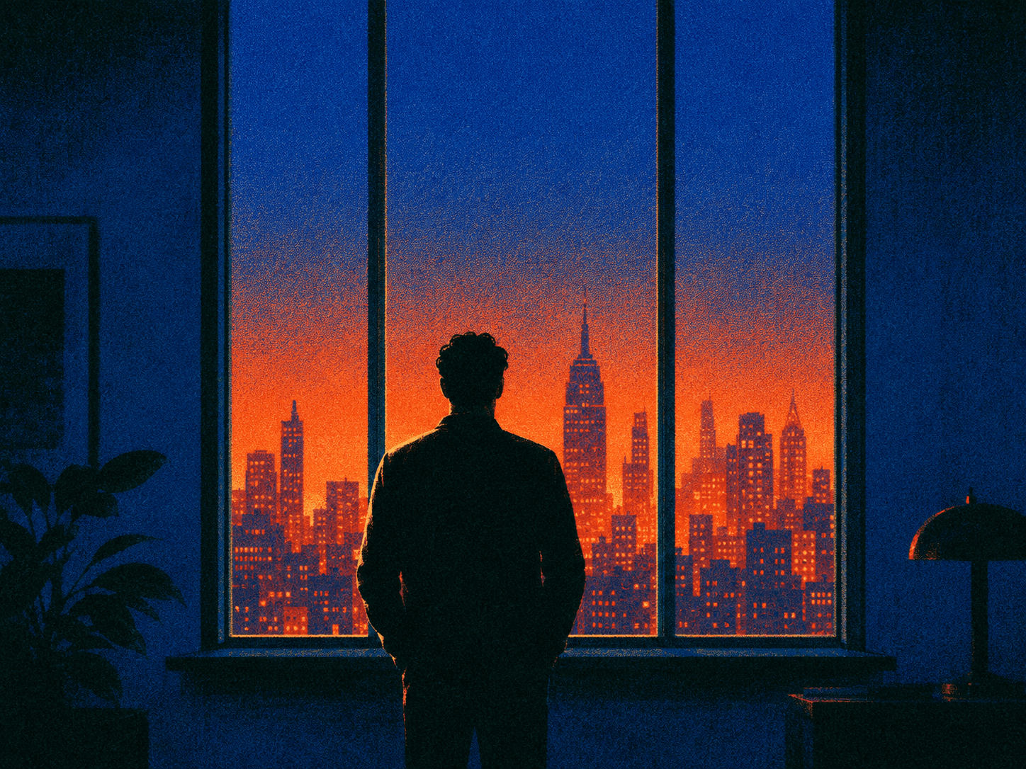 A person standing at a tall window, looking out over a city skyline at sunset