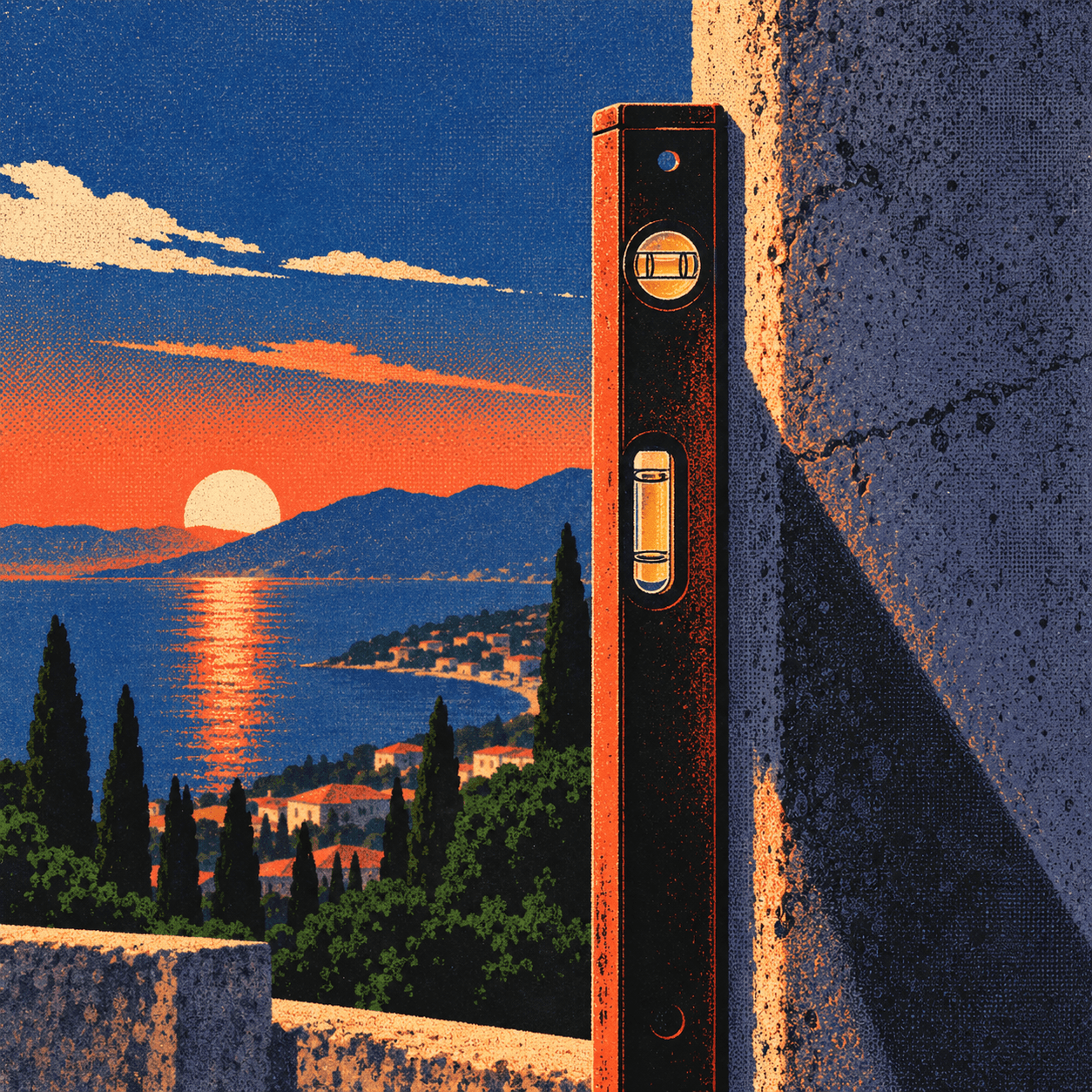 A spirit level held against a stone wall above a coastline at sunset