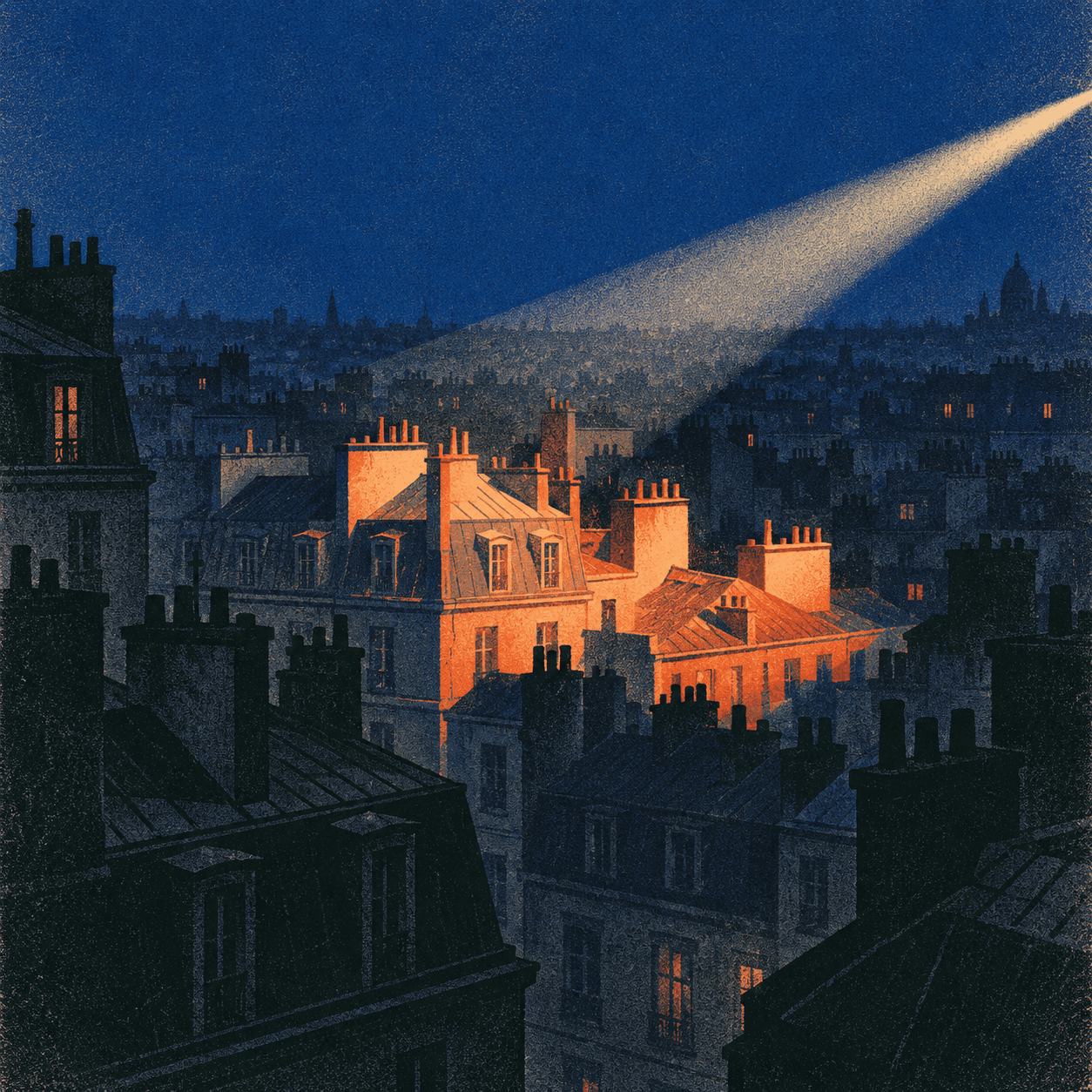 A single searchlight beam picking out one lit rooftop across a dark city
