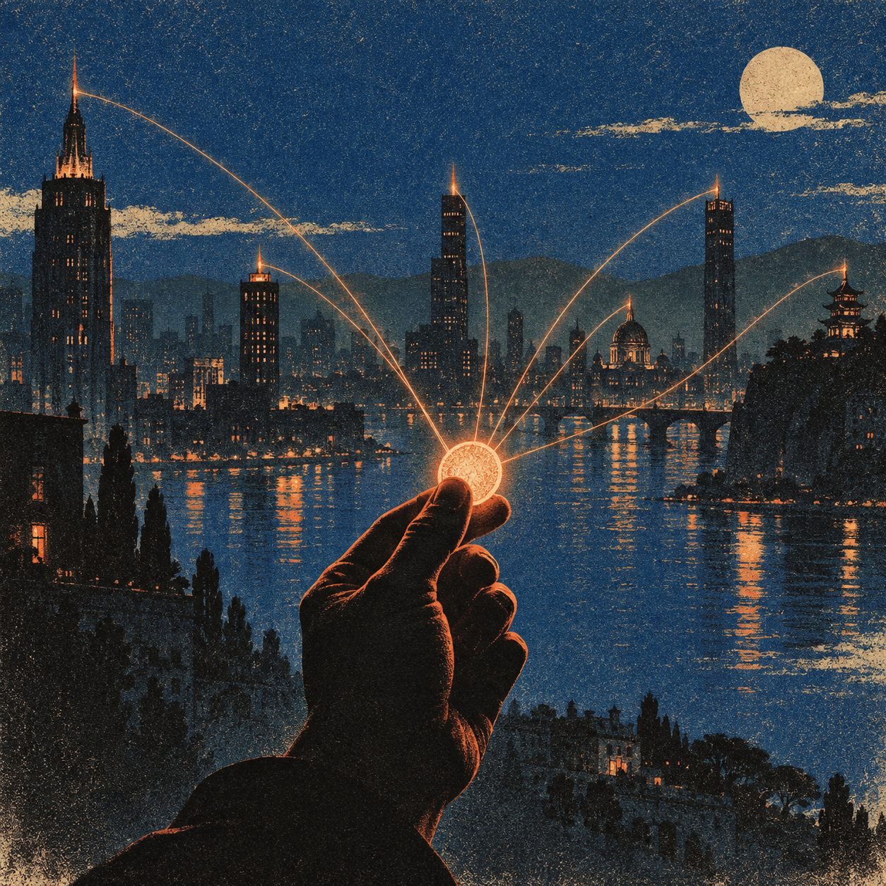 A hand holding a glowing point of light, threads running out from it across a city at night