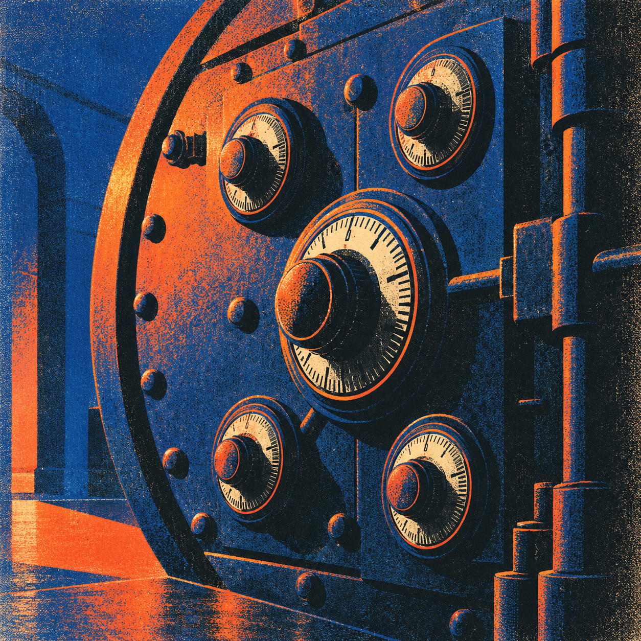 The dial face of a bank vault door, lit orange from one side
