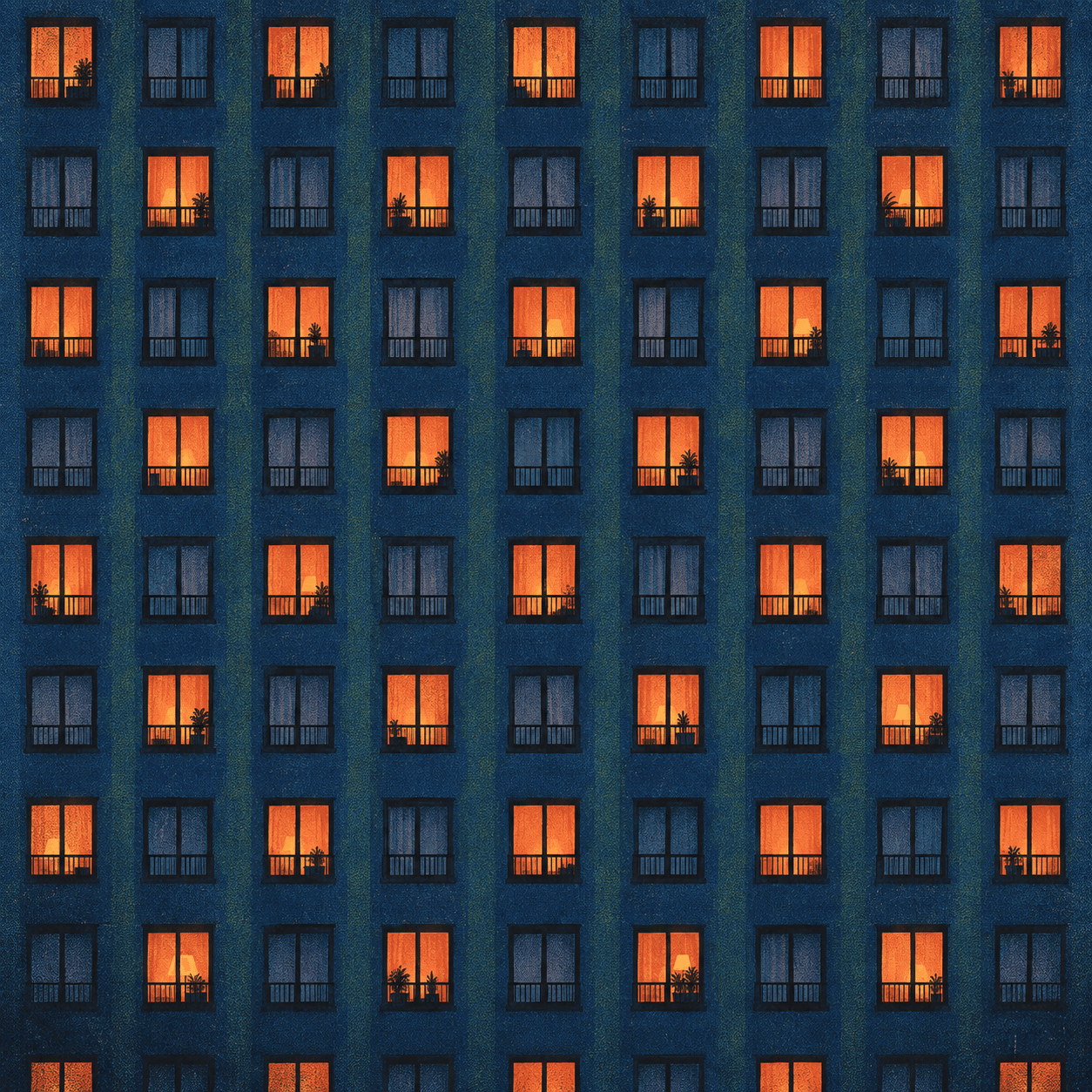 A grid of identical apartment windows, each one lit the same orange