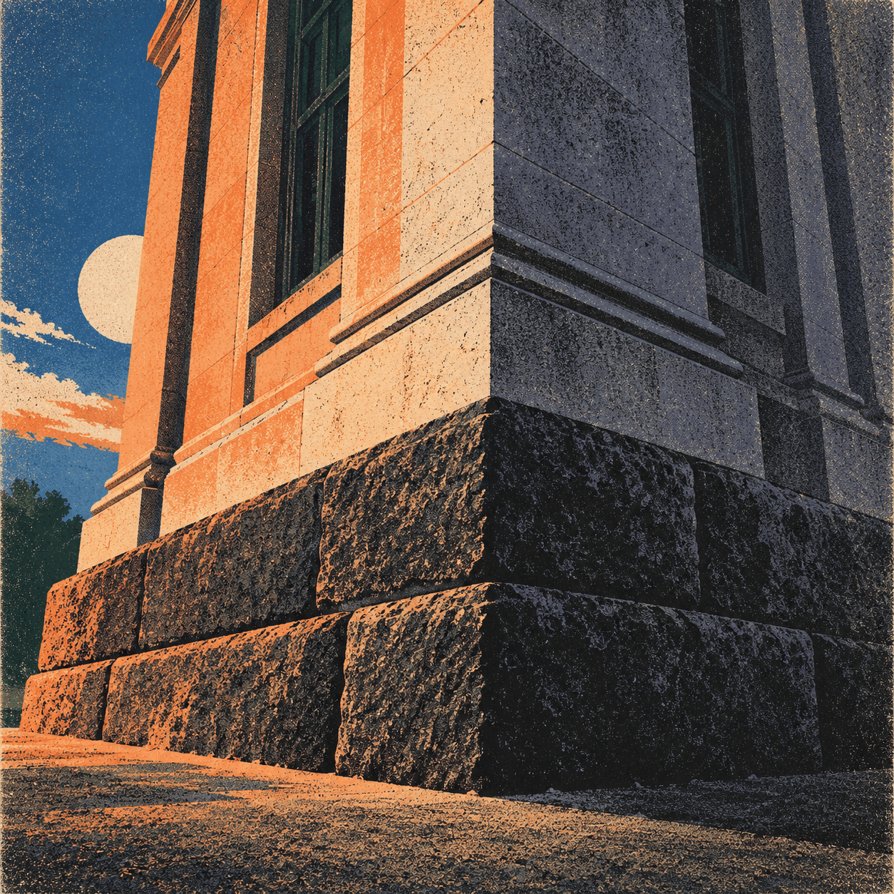 The rusticated stone base of a civic building, lit low and warm against a deep blue sky
