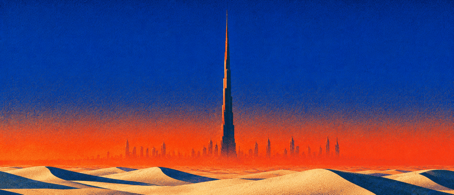 The Burj Khalifa and the Dubai skyline rising beyond desert dunes at dusk