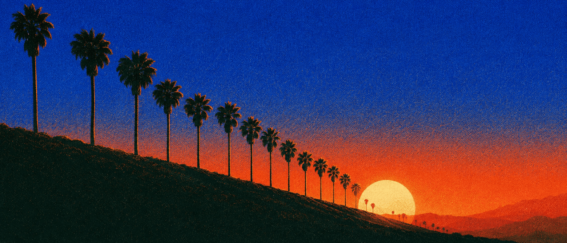A line of palm trees along a Los Angeles hillside, the sun dropping into an orange sky