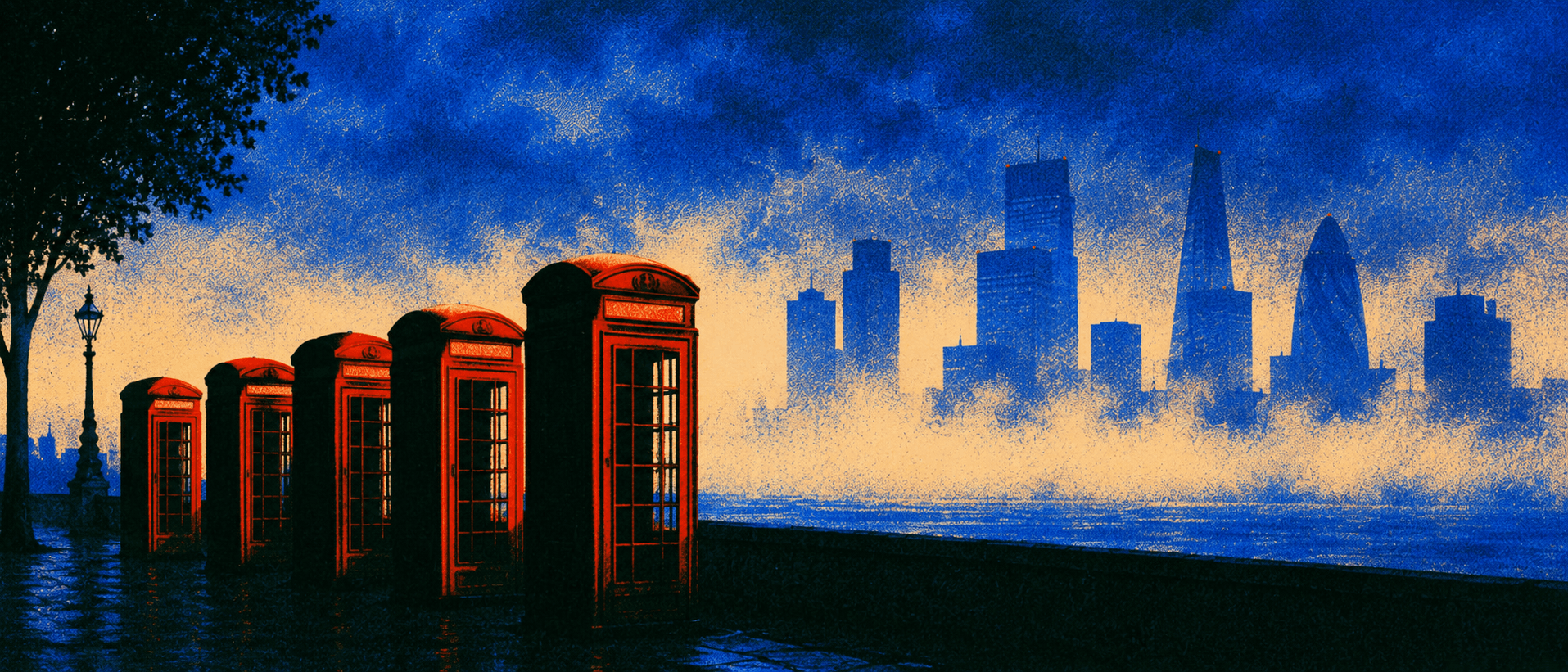 A row of red London telephone boxes on the Thames embankment, the City skyline across the water