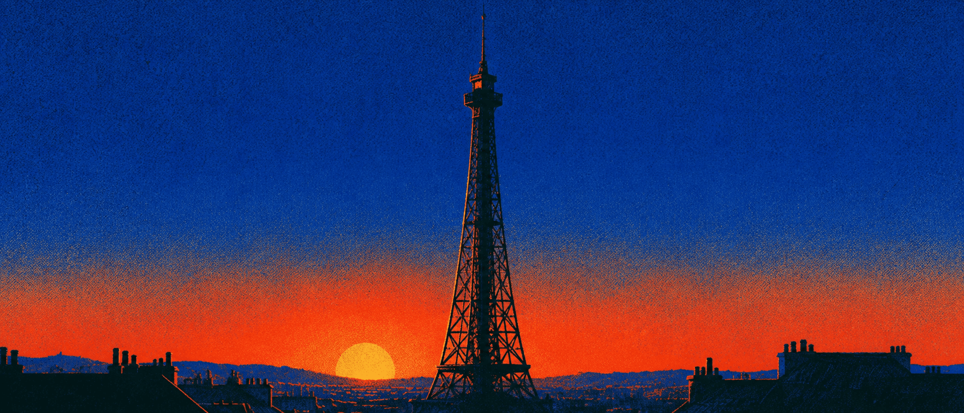 The Eiffel Tower above Paris rooftops, silhouetted against an orange sunset