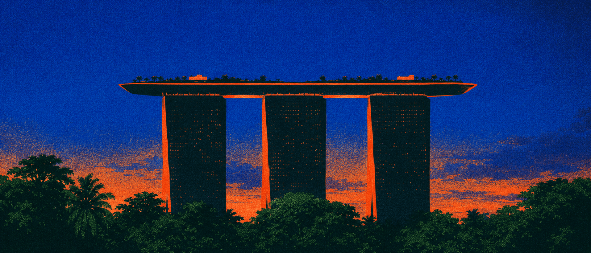 The three towers of Marina Bay Sands above the Singapore treeline at dusk