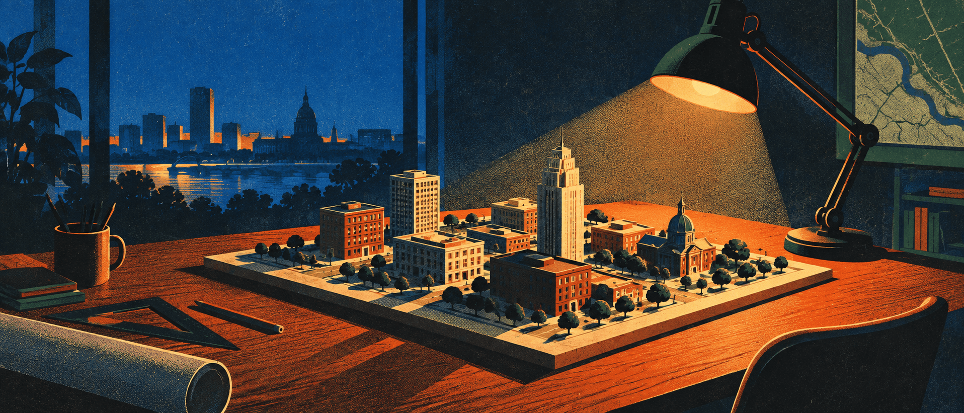 A city skyline at dusk with one tower picked out in light